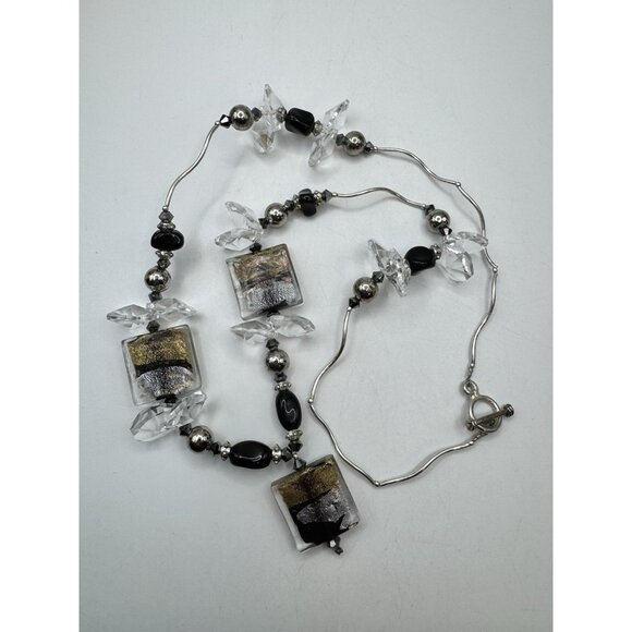 Black Silver Foil Art Glass Beaded Silver/Gold Tone And Crystal Necklace Vintage - Picture 9 of 9